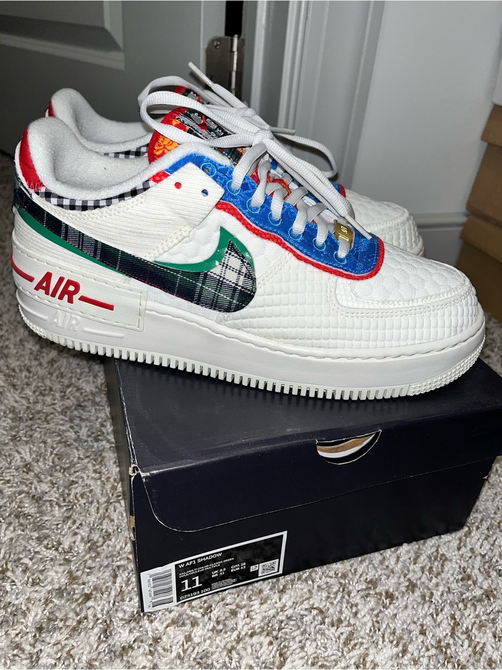 Women Nike White Multicolor Plaid Swoosh Air Force Low